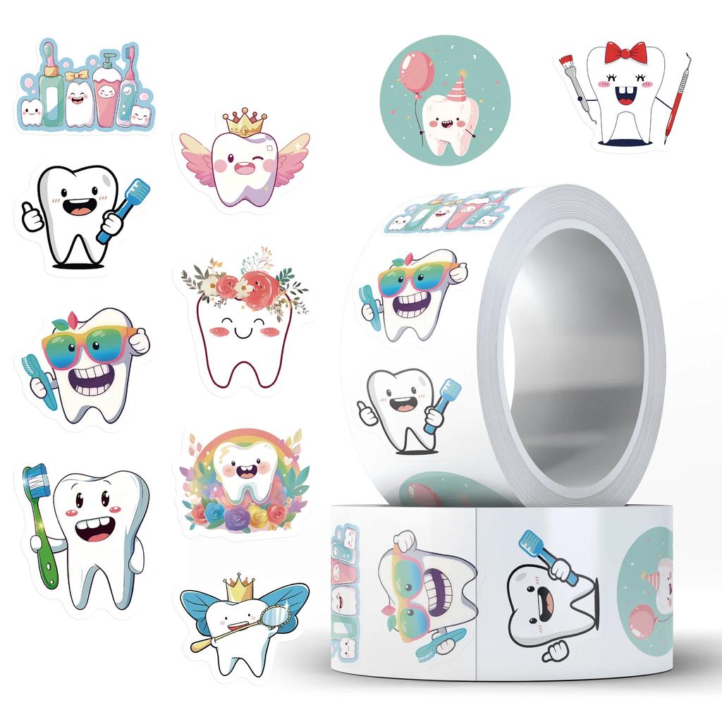 500 Stück/Rolle Niedliche Zähne Cartoon Rollenaufkleber Kawaii Zähne Versiegelungsaufkleber Diy Gepäck Telefon Gitarre Wasserdichter Aufkleber Kinder Spielzeug