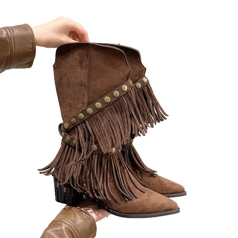 Maillard western cowboy boots retro slim boots fringed wasteland wind pointed thick heel Martin boots
