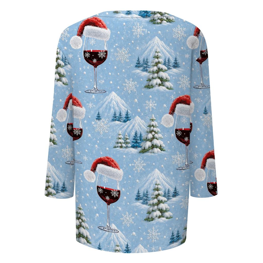 Top Casual Festivo da Donna con Stampa Natalizia e Manica a 3/4