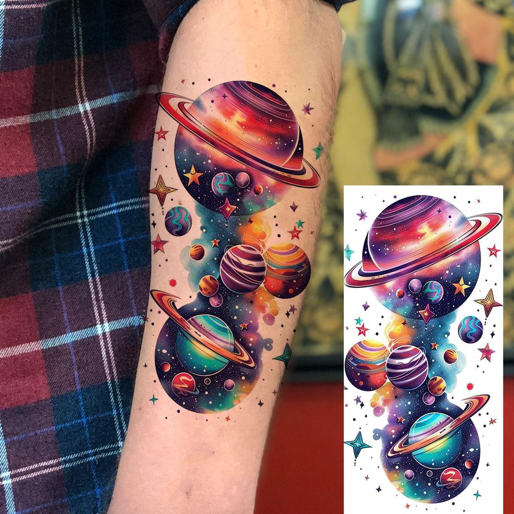 1 Sheet 3D Watercolor Universe Planets Temporary Tattoos For Men Women Long Lasting Waterproof Fake Tattoo Sticker Body Arm Art