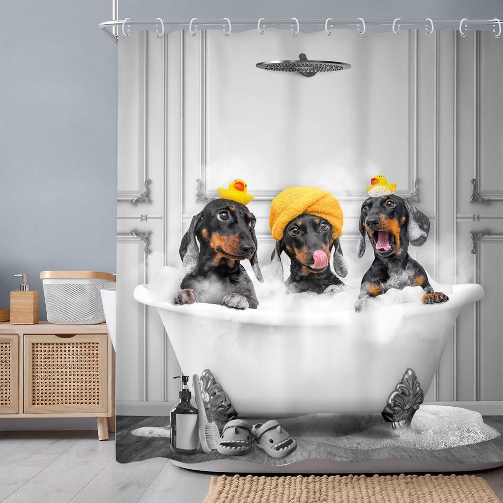 Funny Dogs Shower Curtain 72Wx72H Inch Dachshund Bathing in Bathtub Cute Animal Puppy Pet Hilarious Shower Curtain Bathroom Set