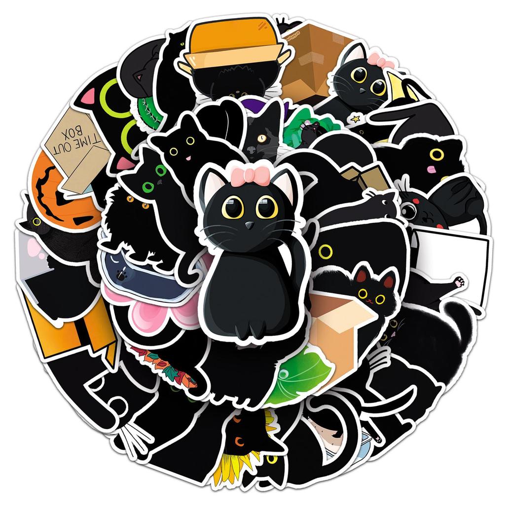 50 Black Cat Kitten Stickers: Waterproof Decoration for Suitcases, Scooters, and Laptops