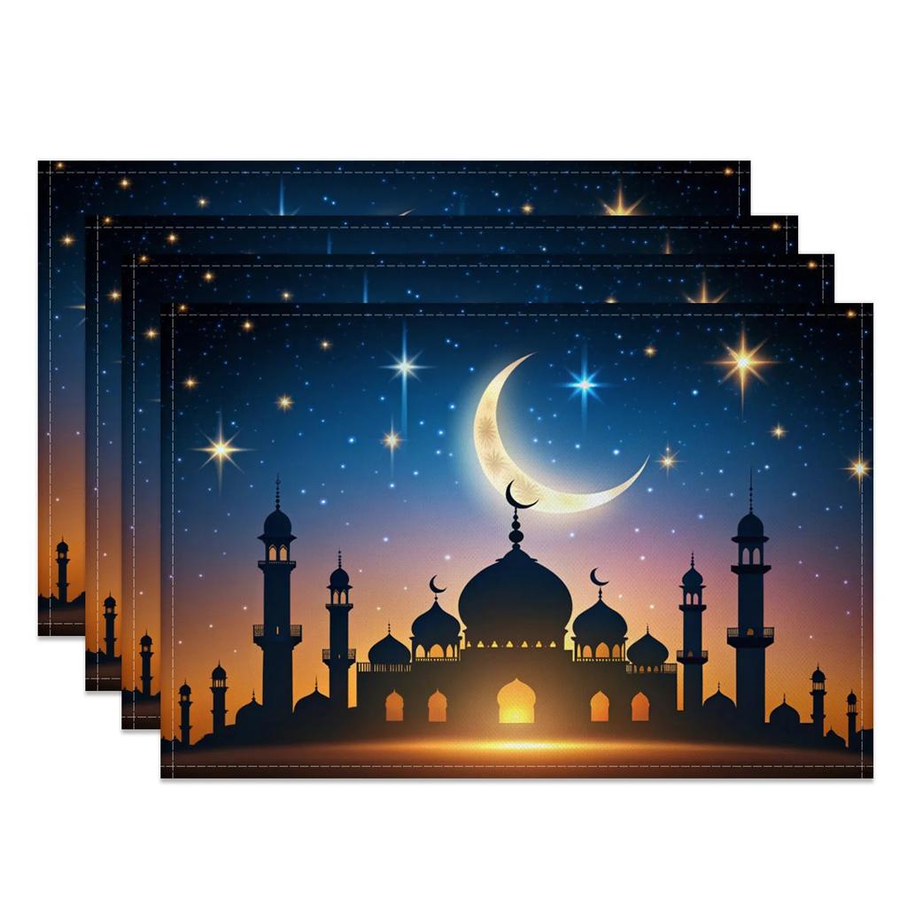 Ramadan Eid Tischsets Islamische Moschee Mondsichel Stern Design Festliche Tischdekoration für Iftar Eid al Fitr Langlebig Waschbar