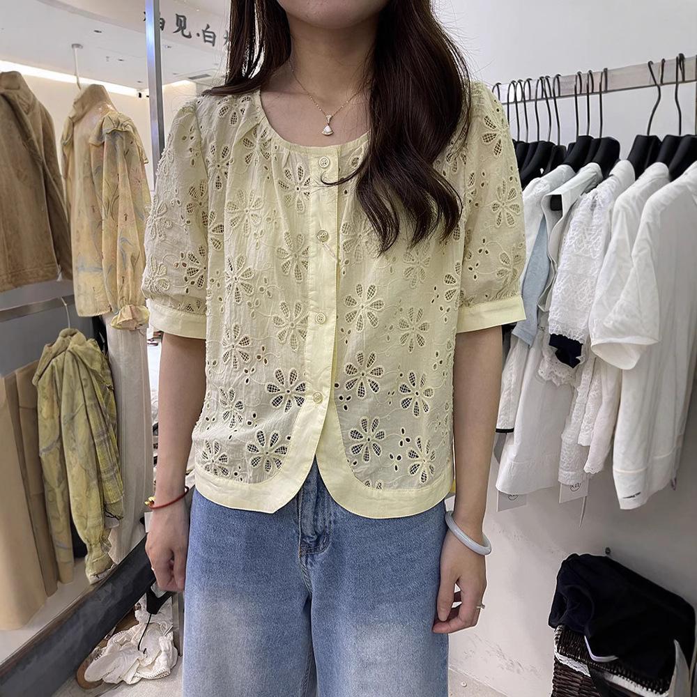 

Korean Embroidered Crochet Short Sleeve Loose Blouse - Summer 2025 Extra Large