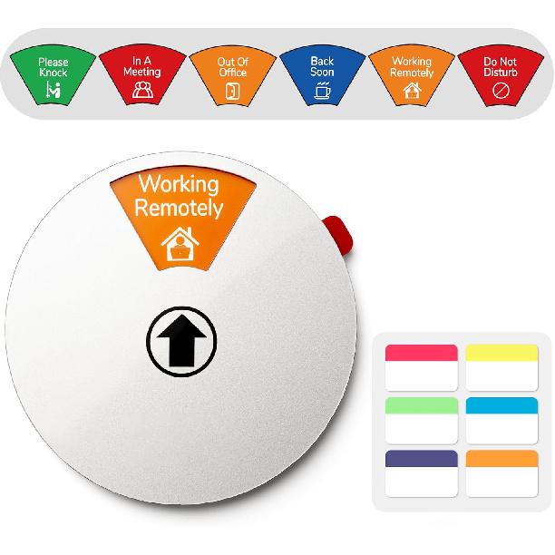 Office Door Sign Do Not Disturb, 6 Options Privacy Wheel Sign with Color Notes, In a Meeting, Working Remotely, Out of Office, Back Soon, Please Silver/6 Icon