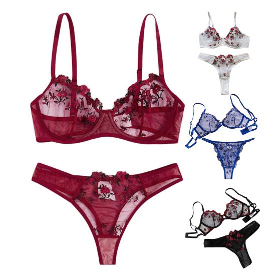 2ks/sada Sexy Fit Spodní prádlo Set Výšivka Květina Perspektiva Příze Šití Dámská Podprsenka Sada kalhotek s nízkým pasem