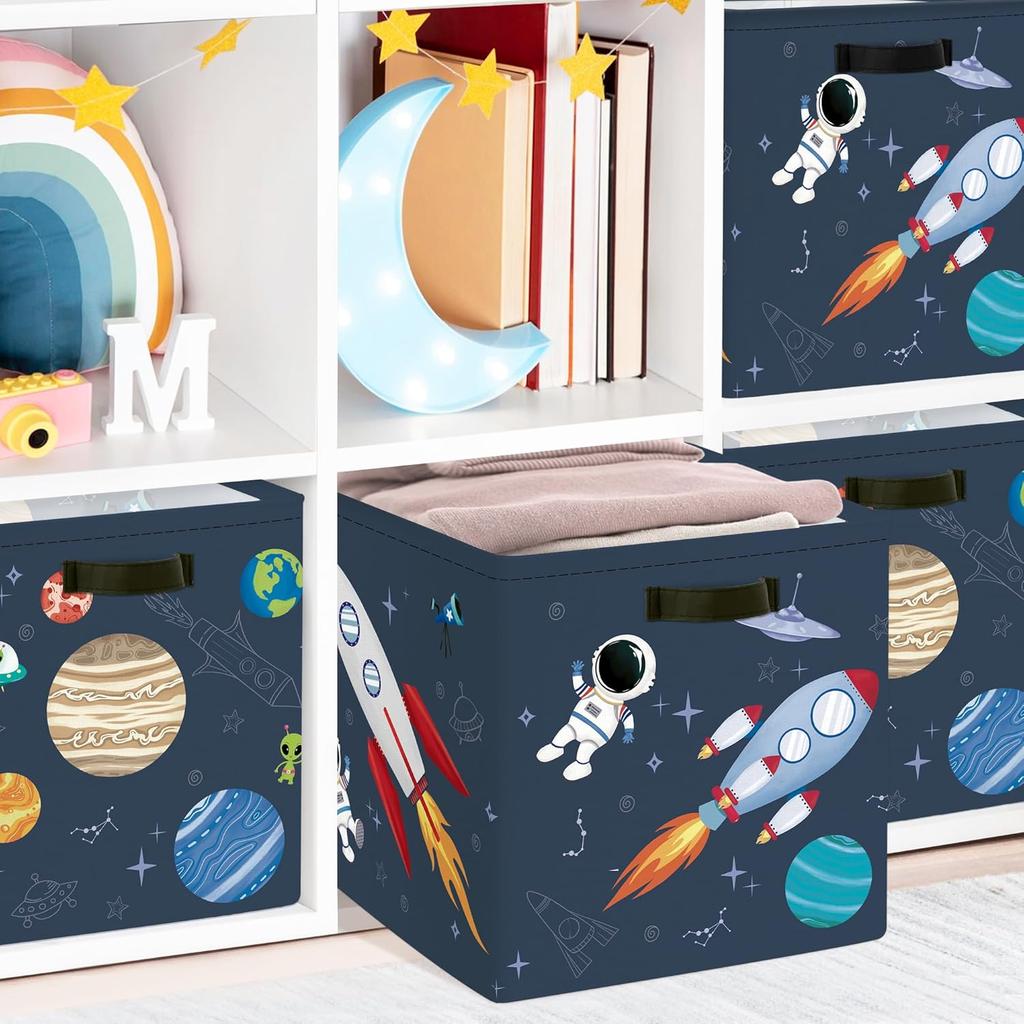 Clastyle 3 Pcs Space Kid Storage Cube Organizer Set Rocket Closet Clothes Cube Storage Bin Blue Nursery Toddler Toy Box Chest Astronaut Book Shelf