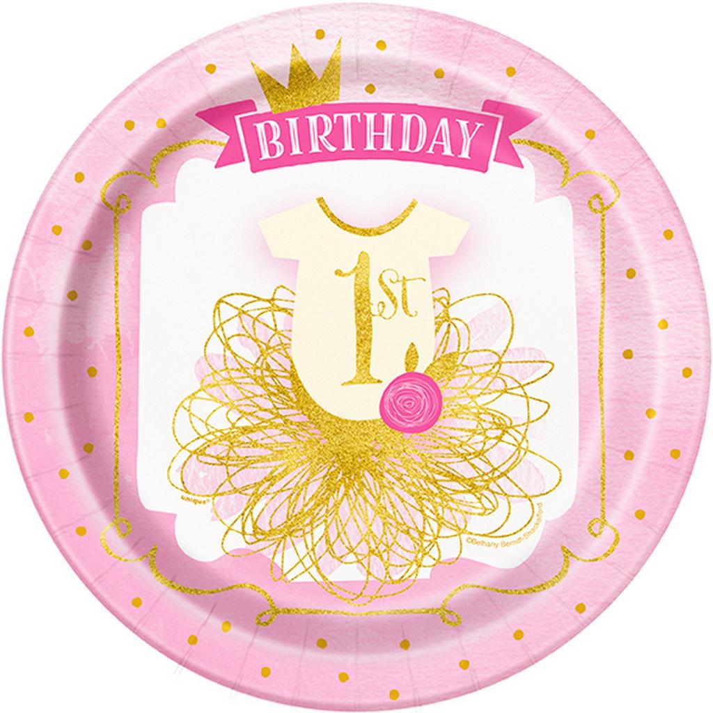Unique Party Pink/Gold 1st Birthday Paper Plates (Pack Of 8)