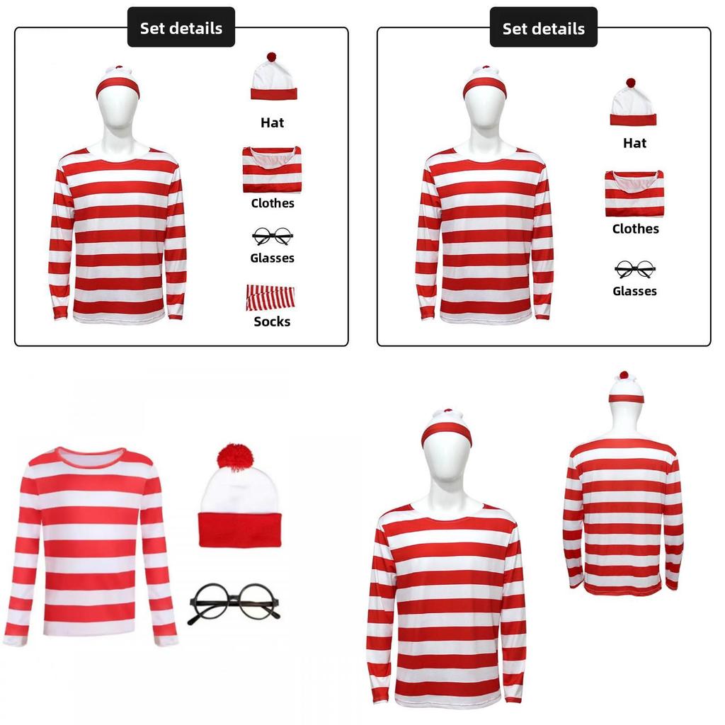 Fantasia Cosplay do Onde Está Wally com Tecido de Malha para Role Play de Anime Adultos e Crianças