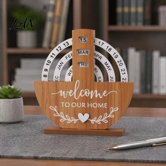 Office Desk Accessories for Men Wooden Perpetual Calendar, Manual Rotating Calendar Home Natural Wood Decor, Creative Date Month Week Display Desktop