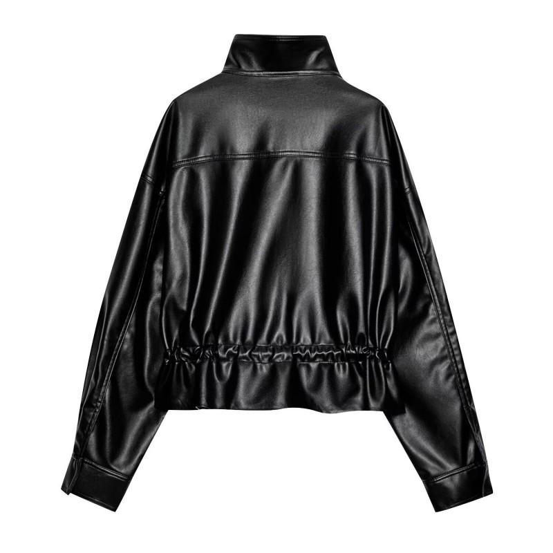 Womens Street Fashion Loose Fit Jacket PU Leather Square Collar Long Sleeve