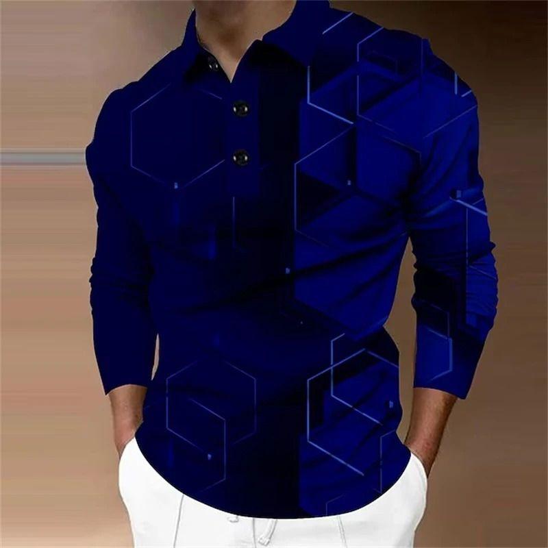 Men's 3D Printed Geometric Hexagonal Pattern Golf Shirt Long Sleeve Polo Shirt Business Casual Formal Button Collar AutumnWinter