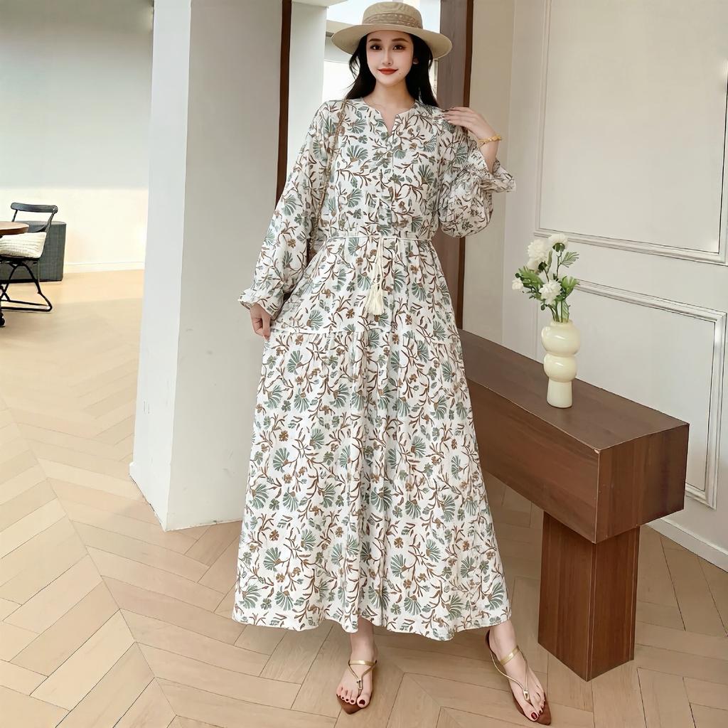 South East Asia People Cotton Floral Long Dress Bohemian Long Sleeve Loose Dress Fat Girl Plus Size Maternity Skirt