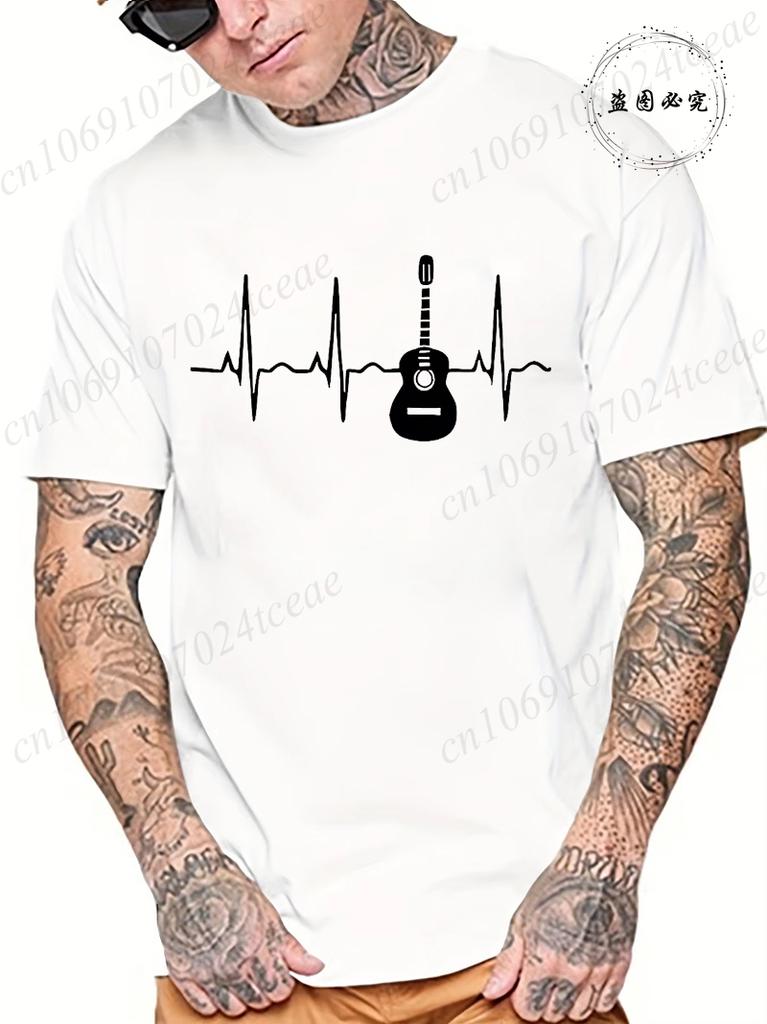 S5XL Guitar Heartbeat Men T Shirt Fashion Mens Clothing  Round Neck Breathable Casual Short Sleeve Fashion Tee TShirt Top
