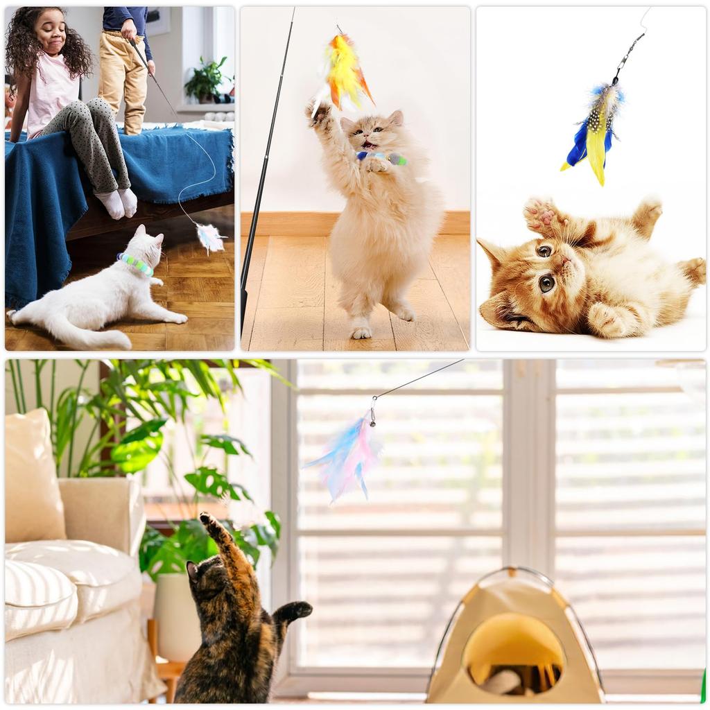 GeeRic 14-Piece Cat Toy Set with Natural Feathers, Dangler, and Retractable Fishing Rod, Indoor Game Equipment, Cat Supplies, and Cat Play
