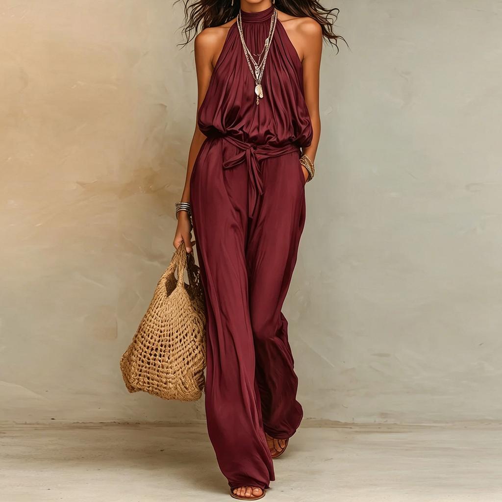Women Sleeveless Jumpsuit Halter Neck Tie Waist Wide Leg Vacation Long Pants Romper