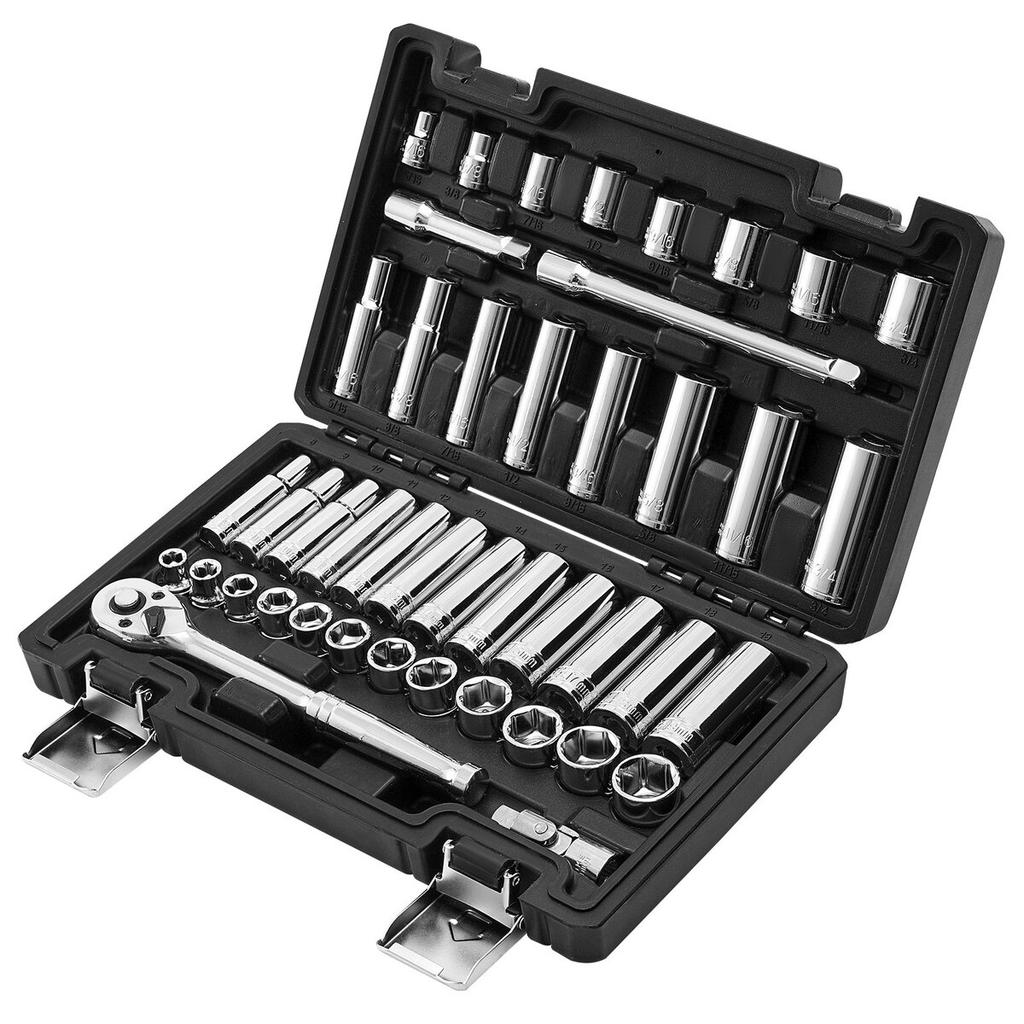 Socket Set, 44 Pieces, 9.5 Mm Drive Socket and Ratchet Set, SAE and Metric, Deep and Shallow, Mechanic Tool Kit with Accessories and Storage Case,