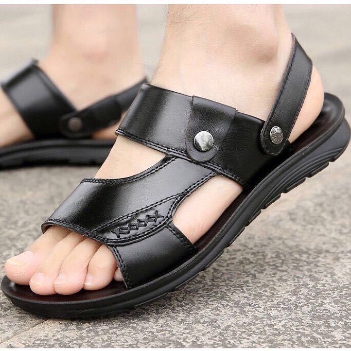 Herrsandaler i äkta läder sommar Tofflor Herr Tofflor Vuxen Strandskor med tjocka sulor Halkfri lädersandal Zapatos Hombre