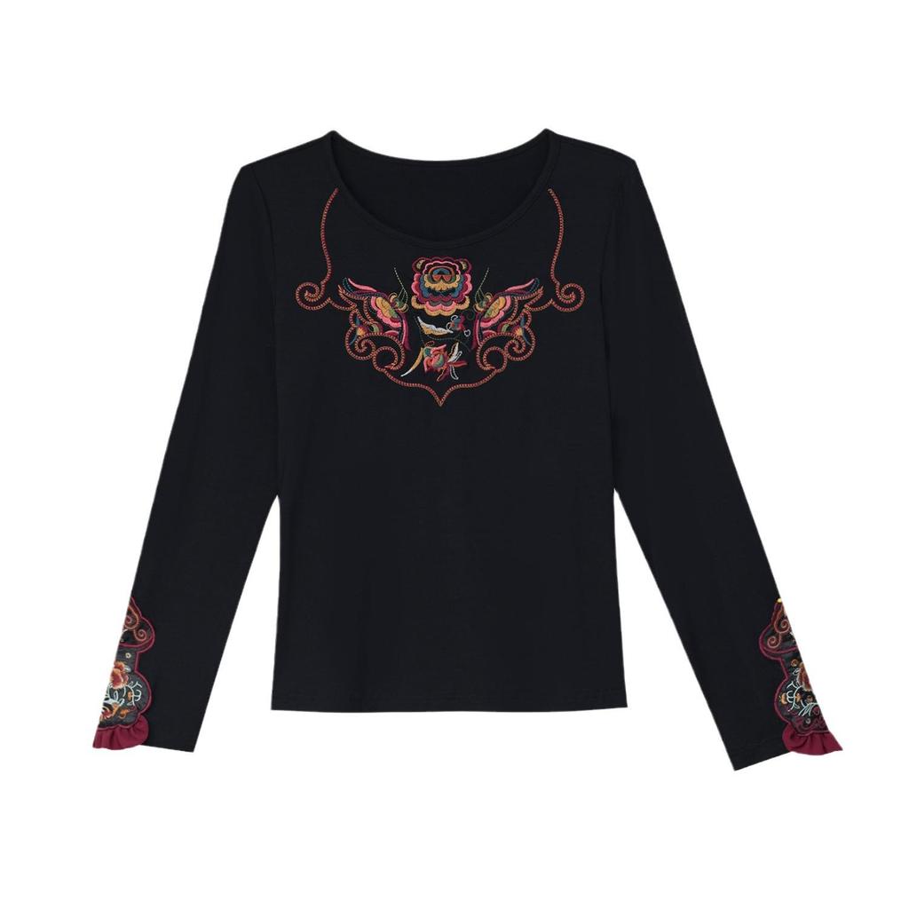 Women's Slimming Ethnic Embroidered Ruffle T-shirt