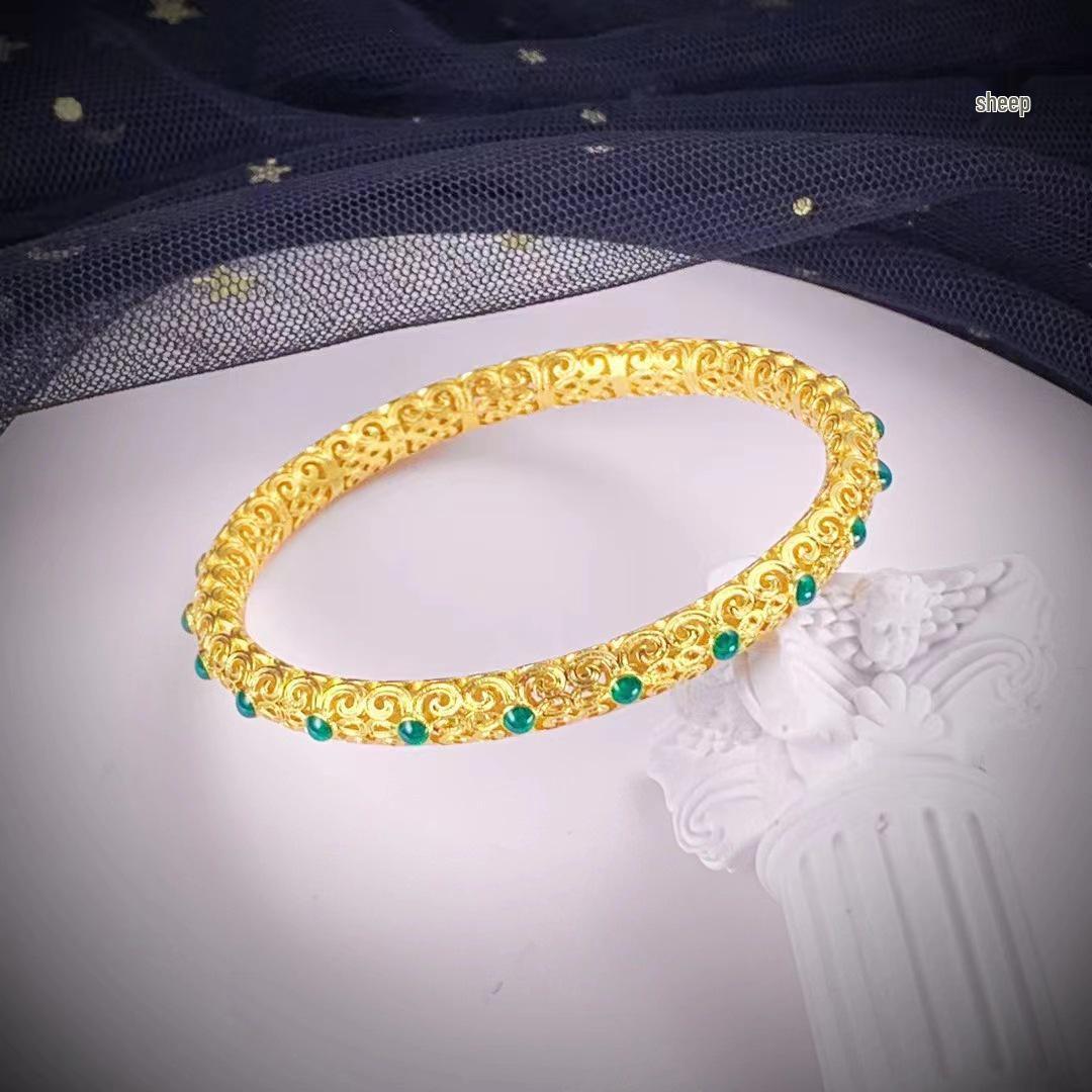 Вьетнамский винтажный ажурный браслет-бангл песочного золота: Латунь, Позолоченный, Женский Ретро Браслет на Удачу