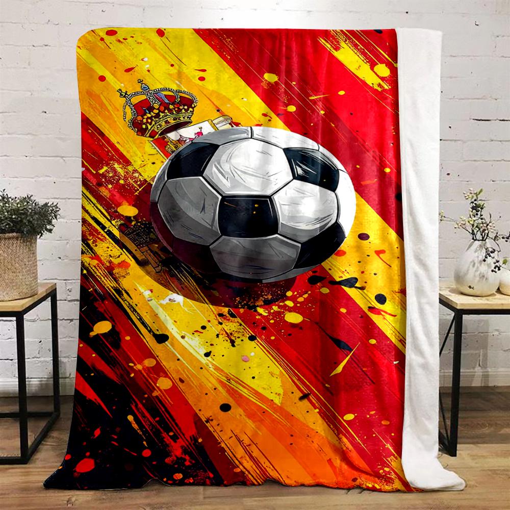 Soccer Ball with Spanish Flag Style Printed Flannel Blanket for Bedroom, Living Room, Sofa, and Nap