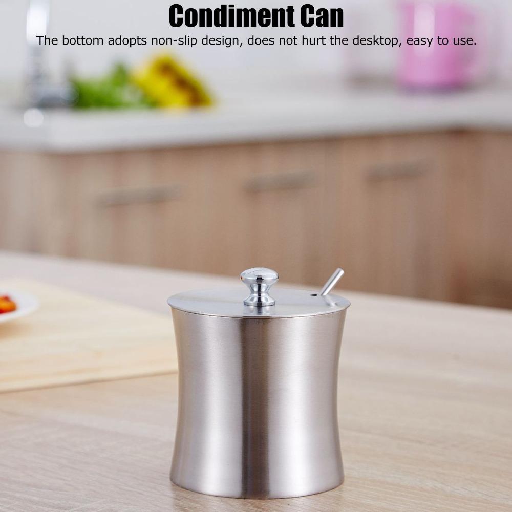 Stainless Steel Sugar Bowl with Lid and Spoon Salt Pot Condiment Can Condiment Pot Restaurant