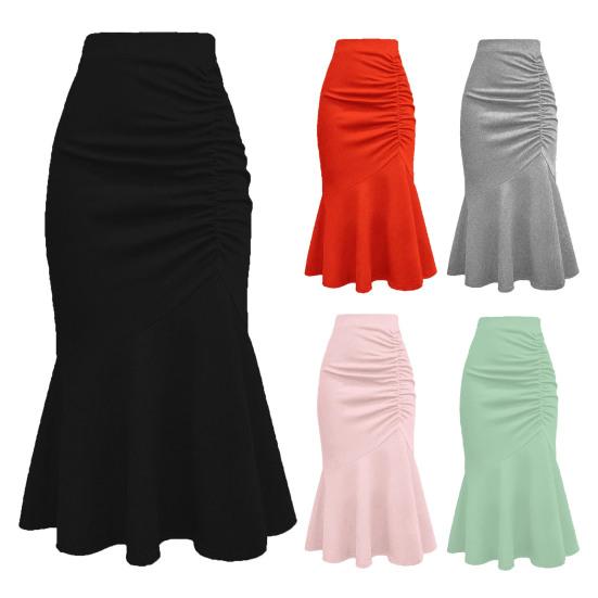 Women Fishtail Skirt High Waist Slim Fit Hip Wrapped Midi Skirt with Large Hem Solid Color Office Lady Skirt