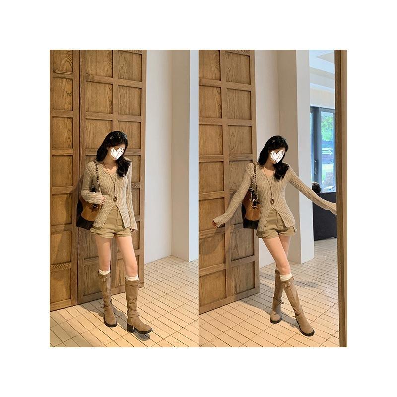 Cowhide Version~ Fold Two Pairs of Boots Pleated Thick Heel Western Boots Desert High Elastic Boots Women's Stacking Boots