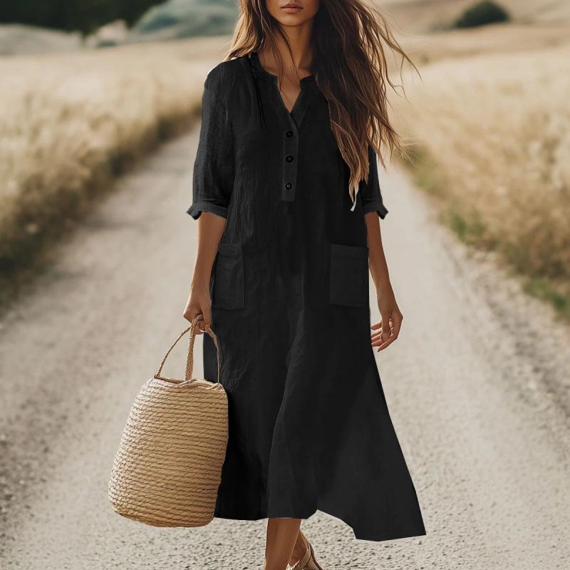 Women s Bohemian Linen Blend Pocket Maxi Dress Casual Boho Beach Vacation Flowy S чёрный