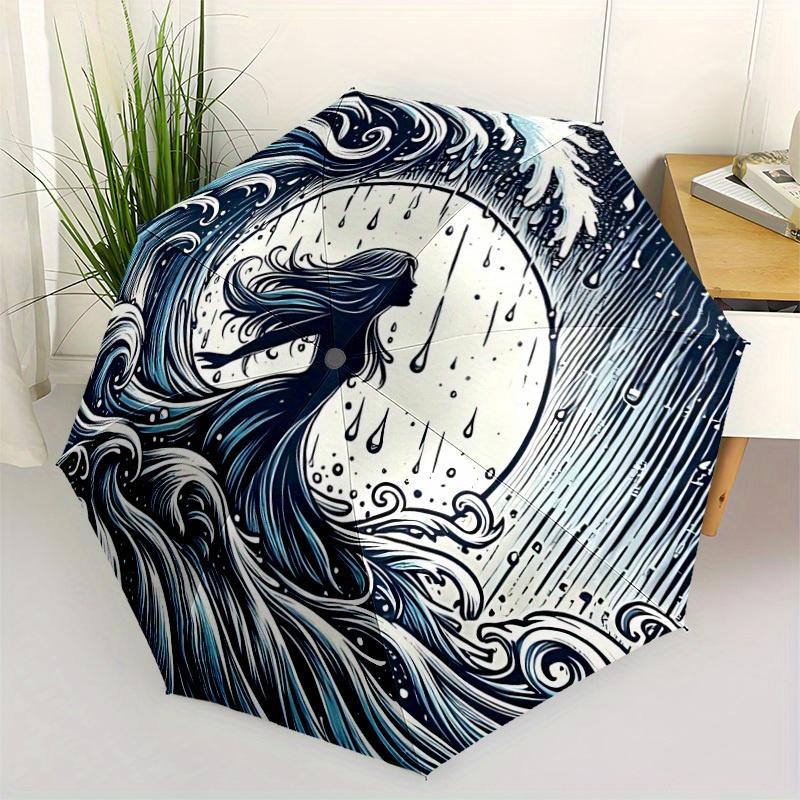 1pc Ocean Waves Auto Open/Close Umbrella, Portable Folding Umbrella for Travel, Themed Events, It is suitable as a gift for various festivals, Outdoor