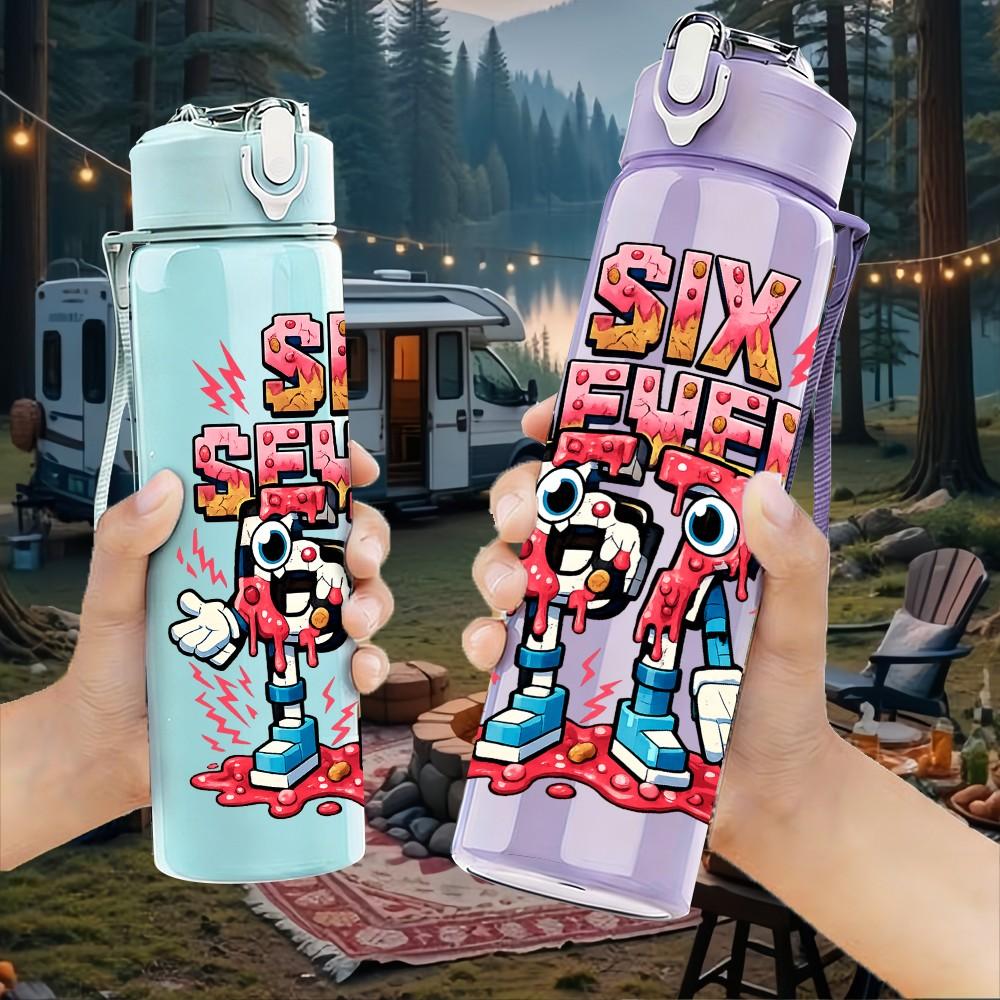 1PC Six Seven Retro Graffiti Art 750ml Color Plastic Sports Water Bottle Leakproof Flip Straw Lid Suitable for Sports Office Home Use
