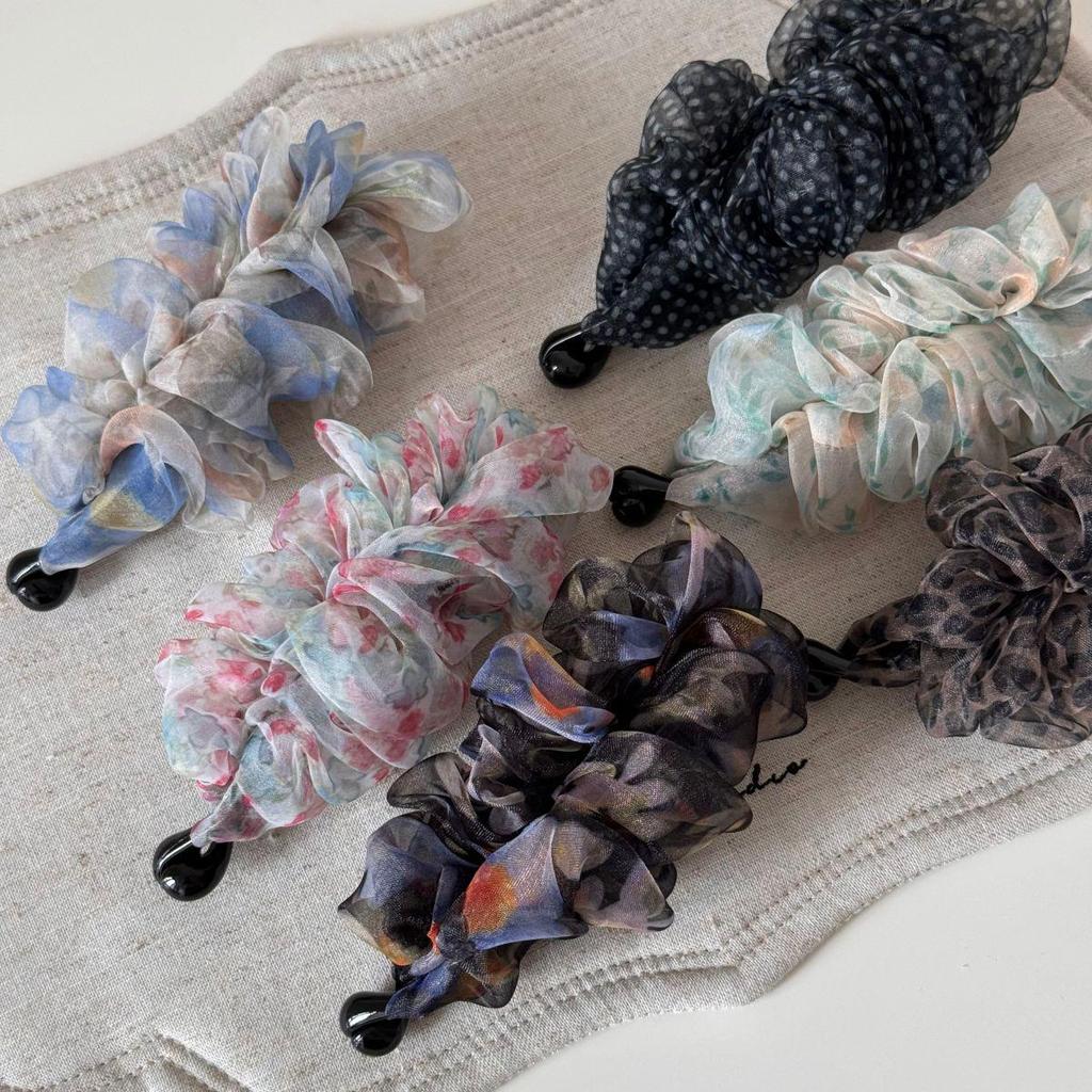 Elegant Floral Pleated Mesh Banana Hair Clip - High-End Chic Ponytail Accessory