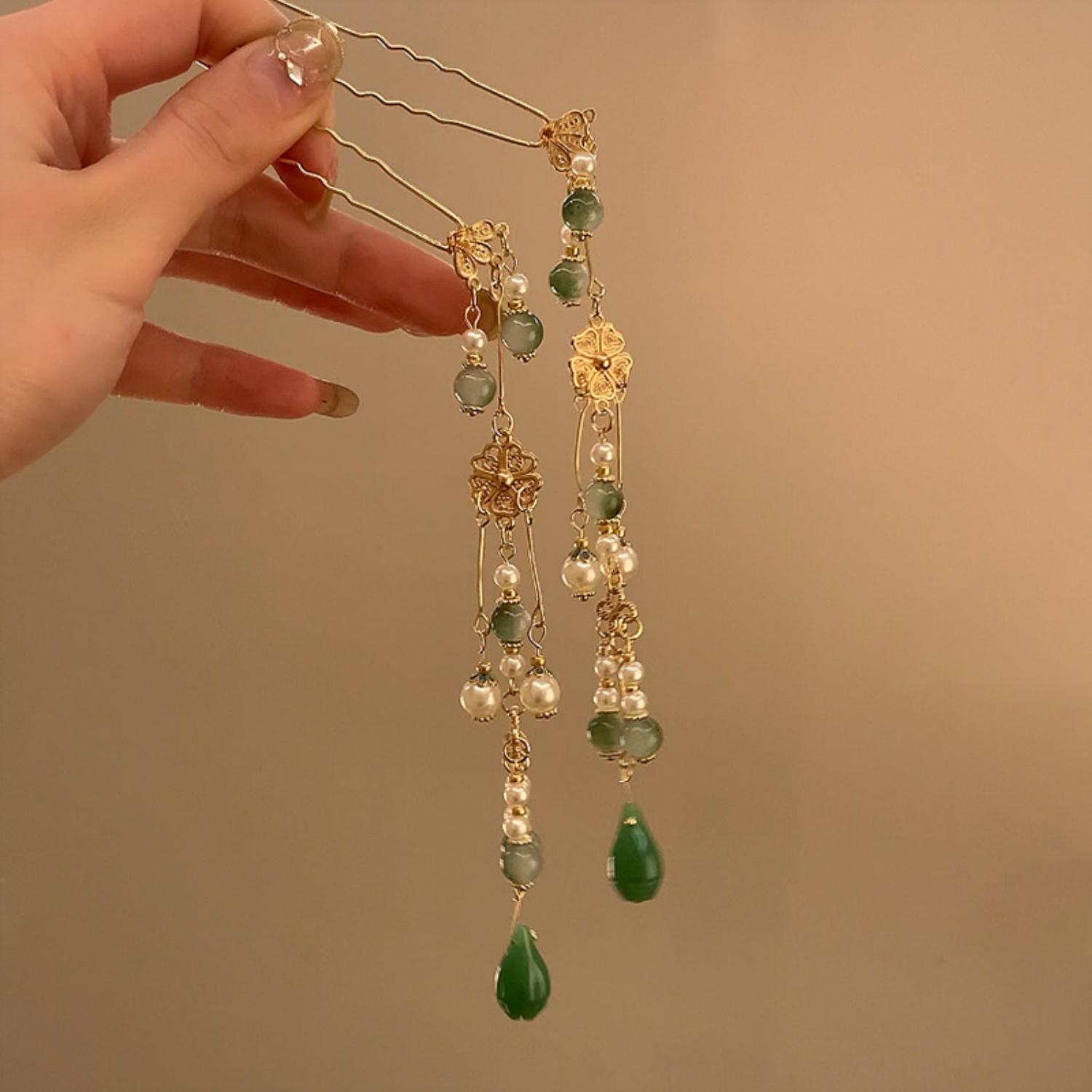 

Винтажная шпилька для волос U-образной формы для женщин, элегантная китайская шпилька для волос с кисточкой из нефрита, для платья ханьфу, ципао, украшение для волос, шпилька