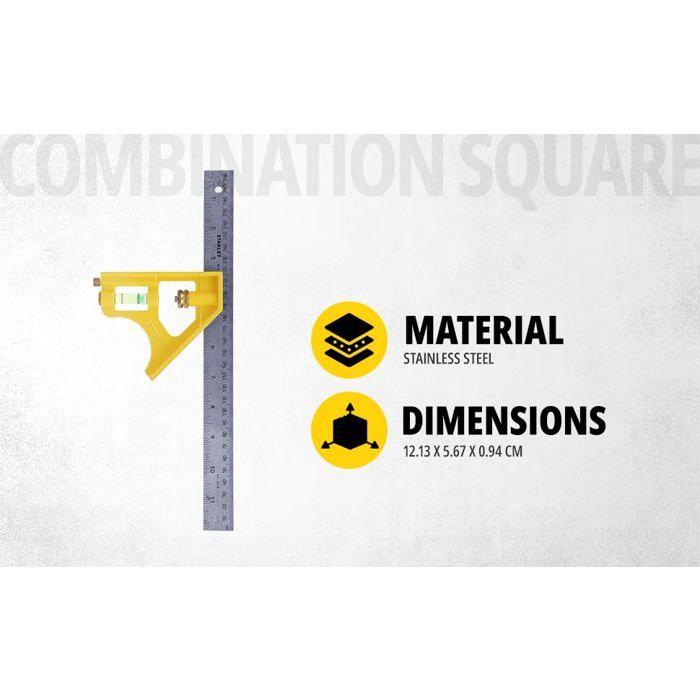 Équerre combinée inox 300 mm - fiole 360° - moulée sous pression, 90°/45° trusquin, graduations mm/pouces