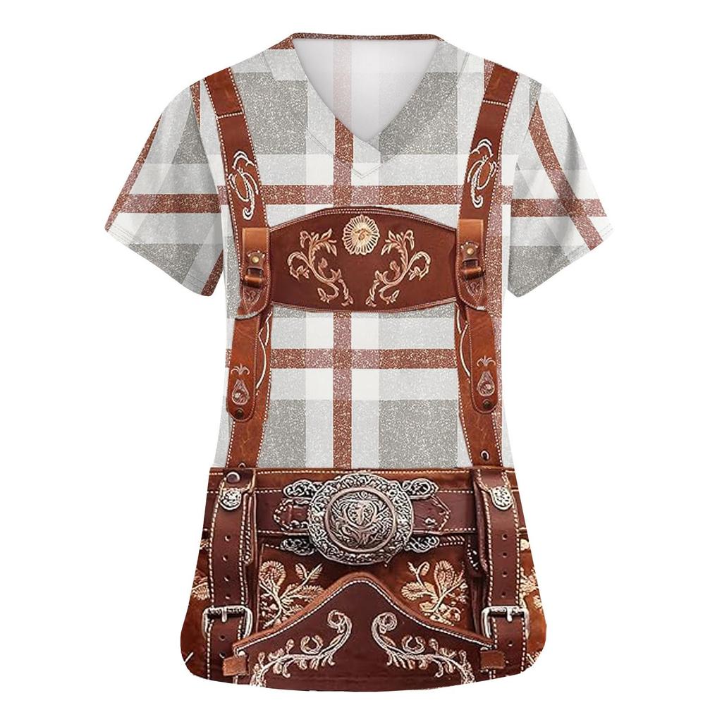 Women's V Neck Short Sleeve Work Shirt with Pockets Oktoberfest Print Top Medical Nurse Uniform Scrub Tee for Healthcare Professionals