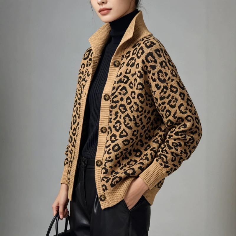 Women S V Neck Leopard Print Knit Cardigan Long Sleeve Casual Top