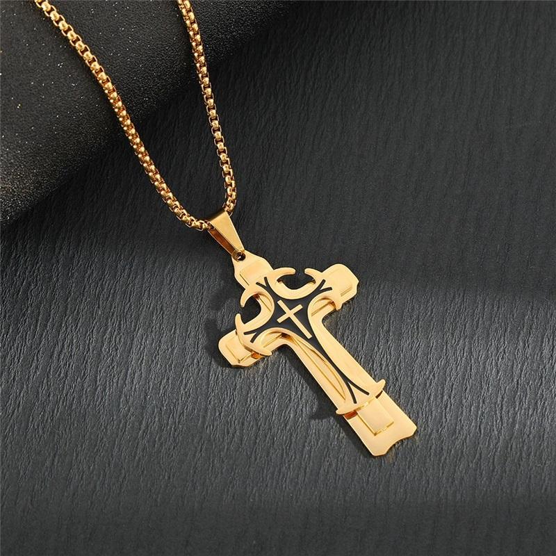 Titanium Steel Long Necklace European And American Domineering Pattern Three Layer Cross Pendant Necklace