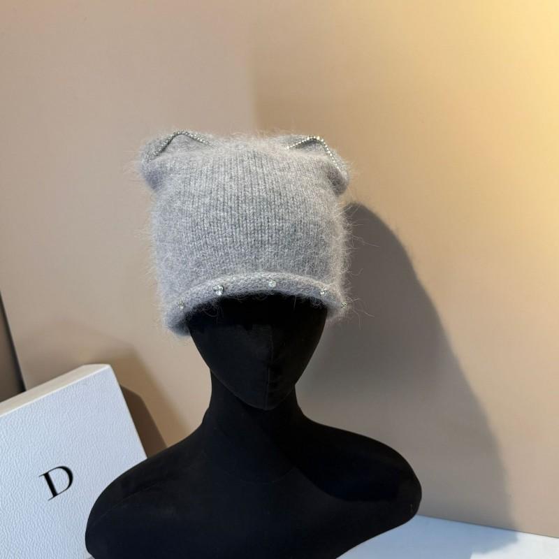 High Quality Diamond-embellished Rabbit Fur Beanie Winter Warm Knit Hat With Ear Flaps