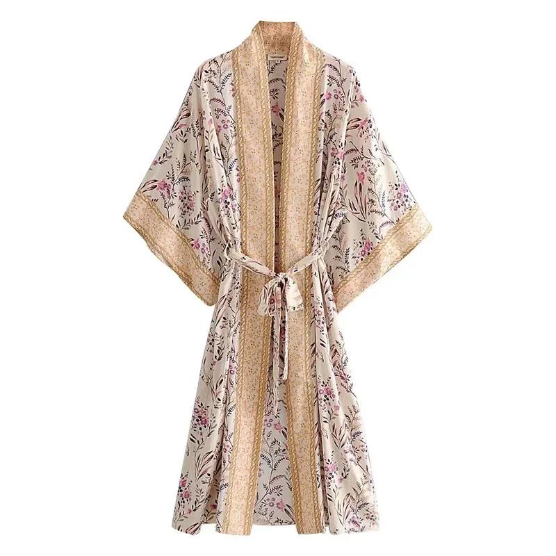 Moda Donna Stampa Floreale Verde Manica a Pipistrello Rayon Spiaggia Boemo Kimono Scollo a V Da Donna Robe Boho