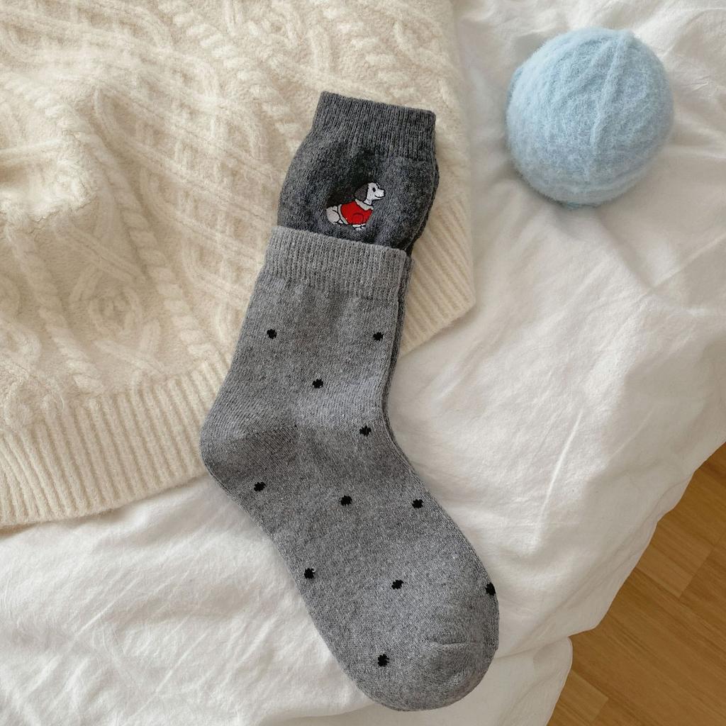Socks Girls Thickened Plush Stripe Embroidery Cartoon Puppy Mid-Leg Socks Trendy Cute Pile Of Socks