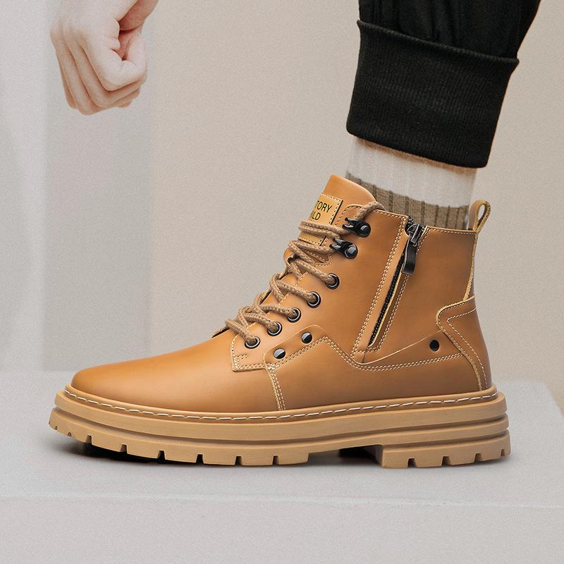 Autumn and winter trend cowhide Martin boots high-top tooling British style invisible inner heightening thick-soled lace-up tooling boots men's boots