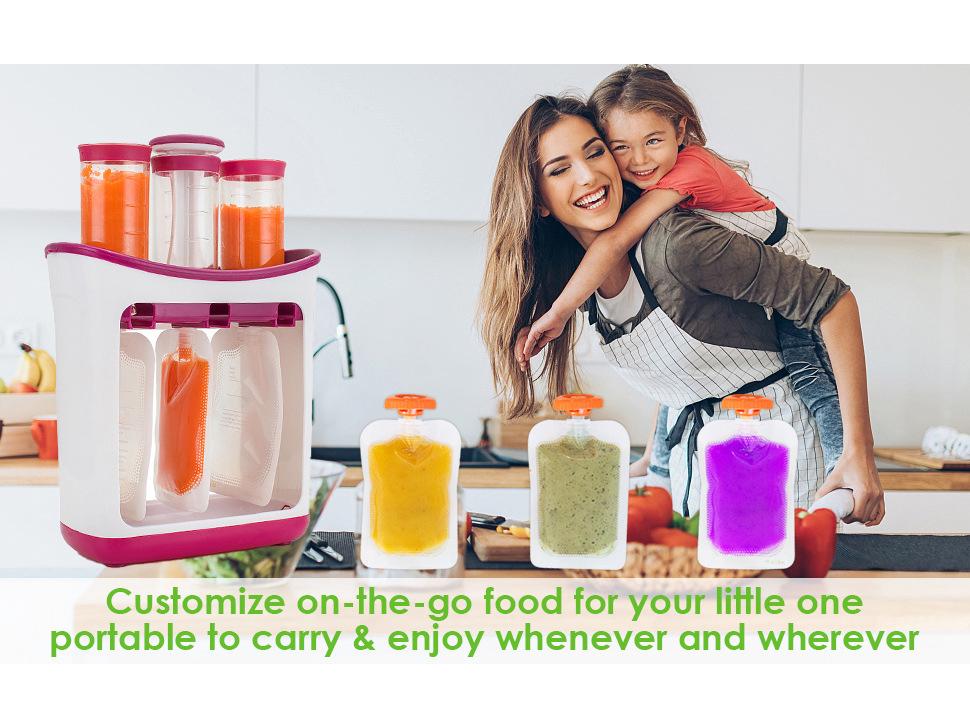 Baby Food Prep: Fruit Puree Squeezer, Storage Bags, Portioning Container, and Food Processor