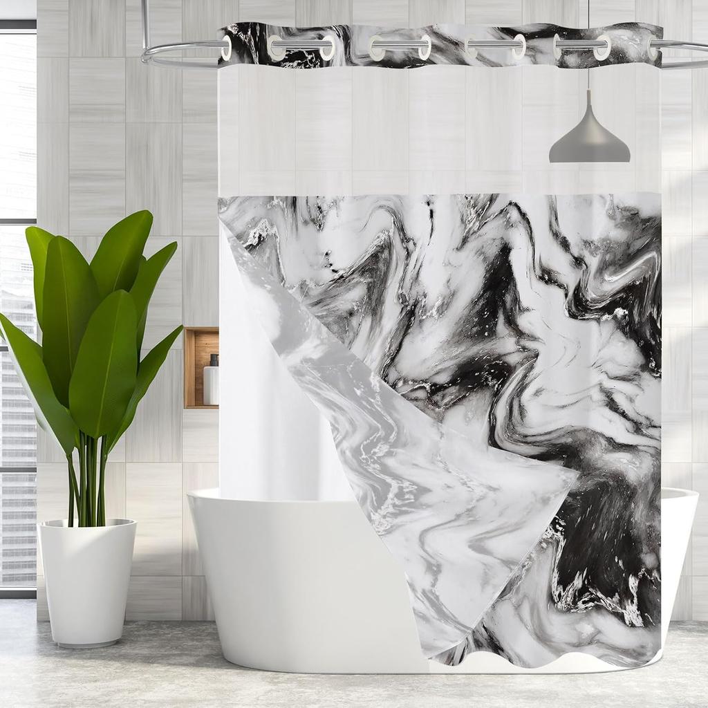 No Hooks Needed Marble Shower Curtain Set with Snap-in Liner, Modern Abstract Shower Curtains for Luxury Hotel Grade Spa-Like Bathroom Decor