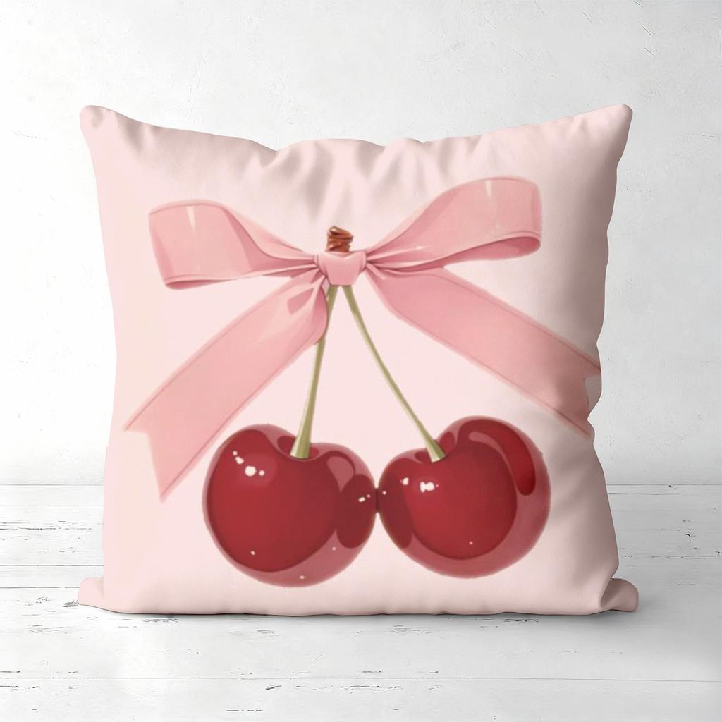 Pink Cherry Pillows With Bows Heart Pattern Polyester Pillowcase, Sofa Decorative Cushion Cov Headboard Pillow