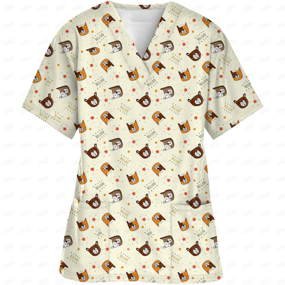 Women Easter Day Nurse Uniform Cartoon Print Short Sleeve V Neck Working Elastic Workwear Medical Scrubs Overalls Carer Uniforms