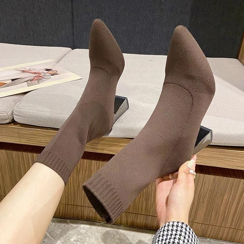 Fashion Spring and Autumn High Heeled Booties 2025 New Versatile Pointed Toe Block Heel Women's Sock Boots