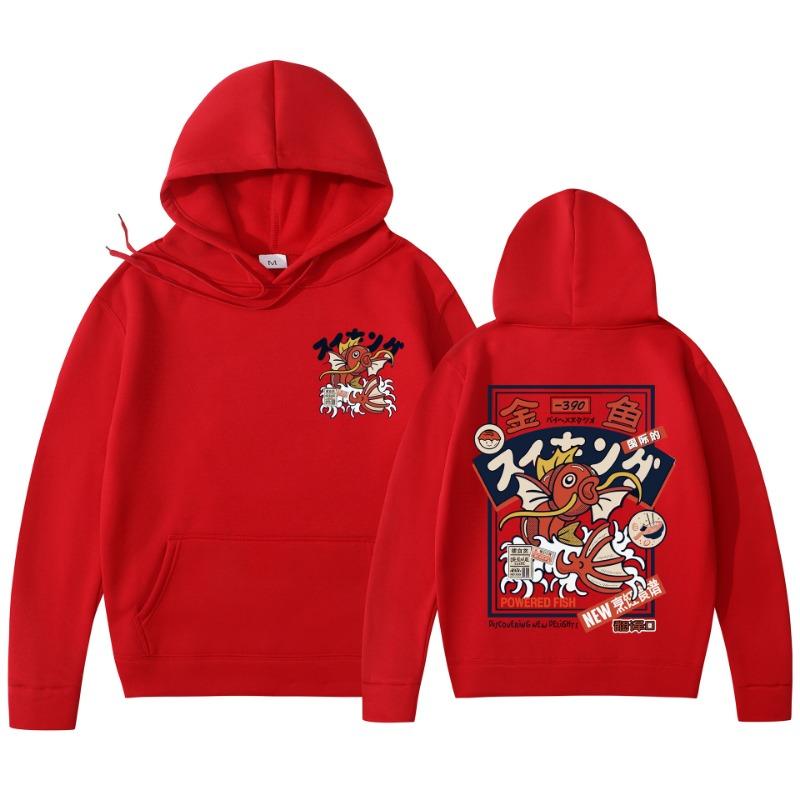 Red Koi Print Fleece Hoodies Harajuku Hip-hop Streetwear Autumn Winter Pullover Men Women Sweatshirt