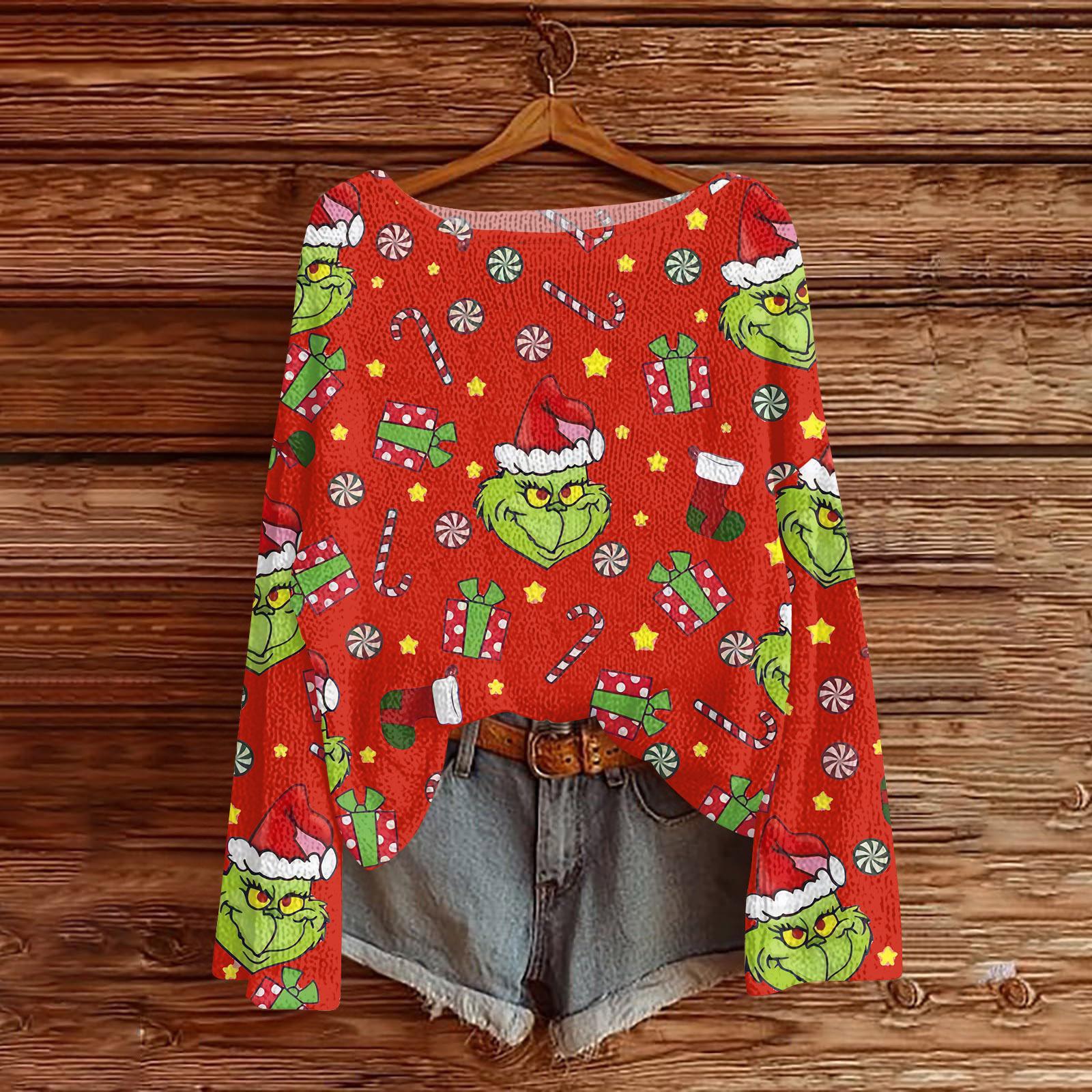 

Рождественские толстовки для женщин Вязаный свитер Милая рубашка Осенний свитер с круглым вырезом Топы S