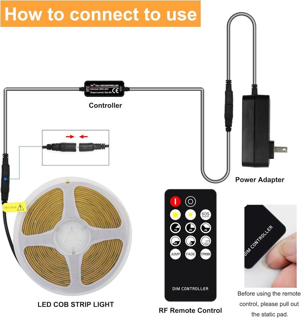 In-Stock 24V COB LED Strip - No Light Spots, Self-Adhesive for Wardrobe, Cabinet, Living Room, Bedroom - Monochromatic LED Strip Set