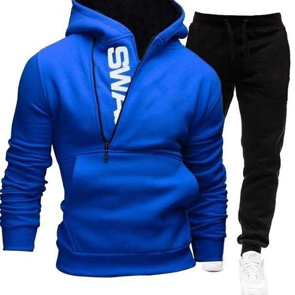 New Batch of New Style Pullover Side Zipper Contrasting Color Hooded Men's Velvet Sweatshirt Suit